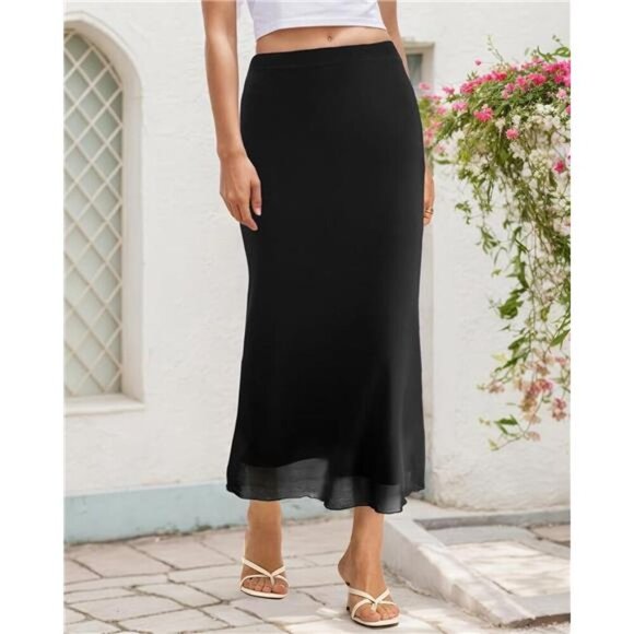 Women's Mesh Midi Skirt Elastic High Waisted Black - Picture 3 of 6